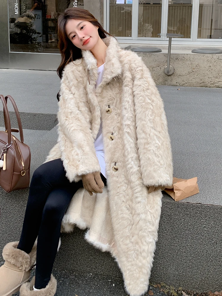 Luksusowe, długie damskie płaszcze ze sztucznego futra, nowość na zimę 2024, zapinane na guziki, skórzane i futrzane, imitacja skóry licowej, koreański styl.