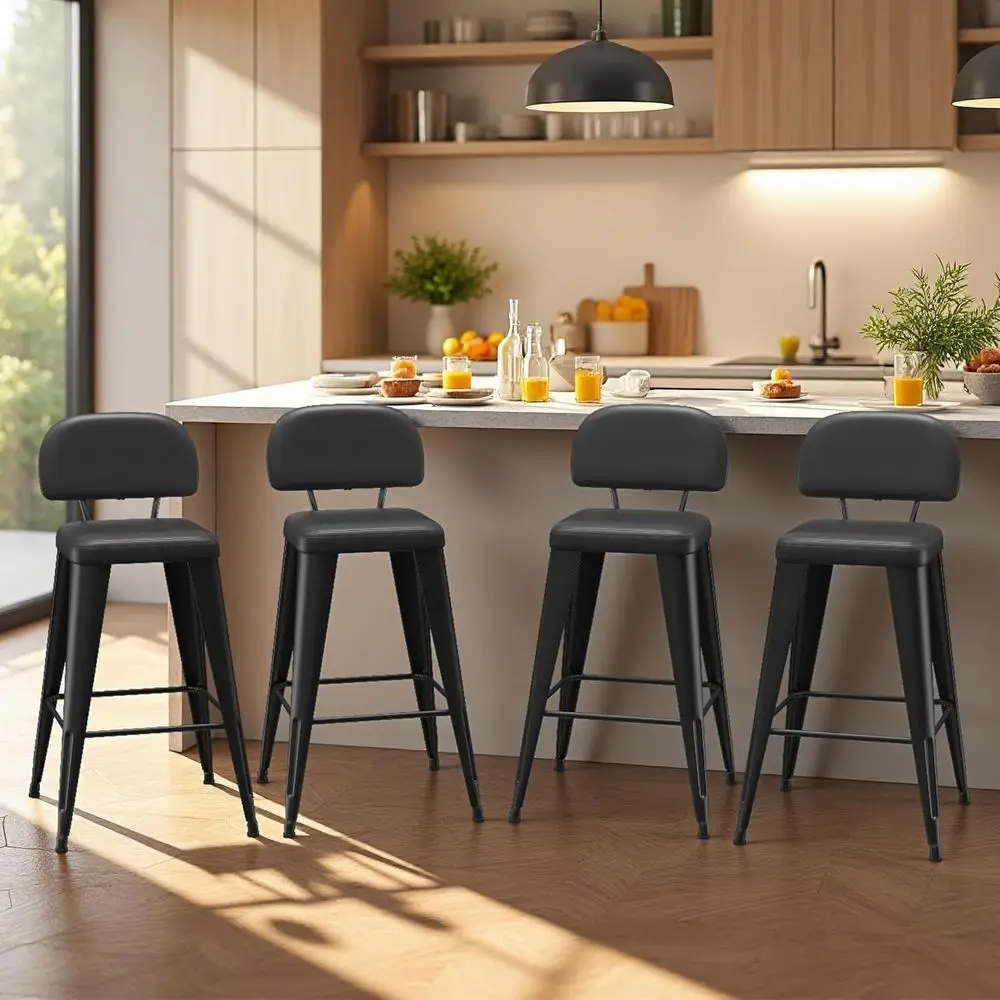 

Набор из 4-х барных стульев с мягкой обивкой и металлическим каркасом, с откидной спинкой, подходят для использования в индустриальных помещениях или на кухонных островах (черные)