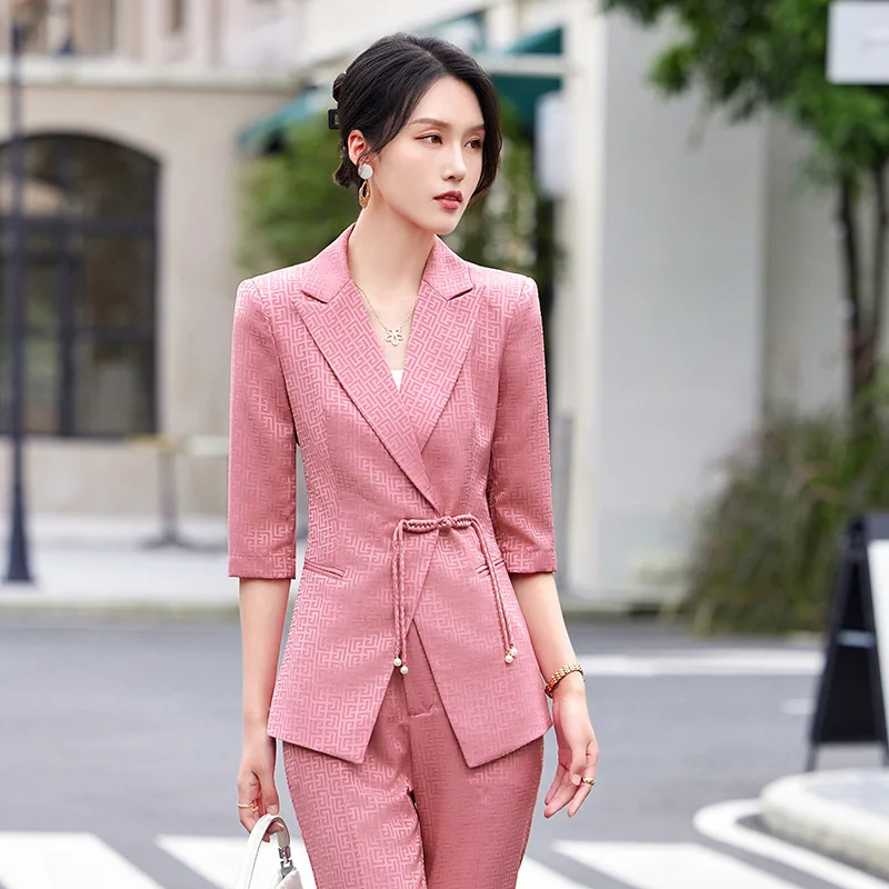 Chinese style Spring Summer Women Elegant Office Work Three Quarter Blazer Tops And Flare Pant Fashion Oversize Two Piece Suits