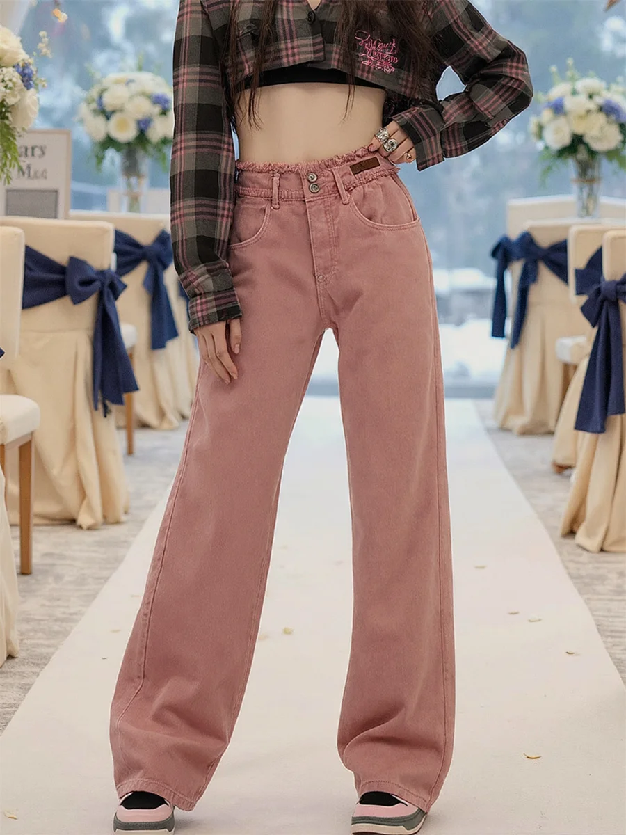 

Широкие джинсы с высокой талией для девочек, джинсовые брюки, женская одежда, весенние функциональные длинные брюки для альпинизма в японском стиле