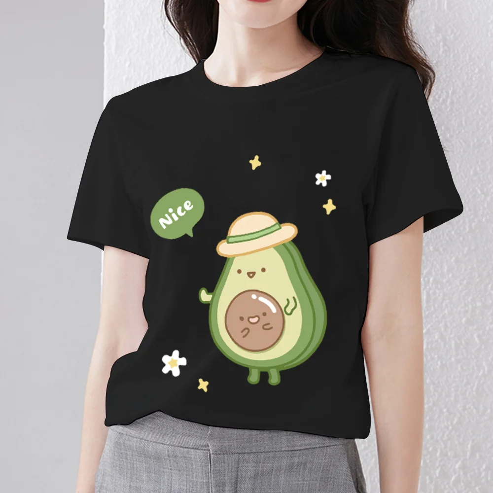 

T-shirt Small Fresh Women's T-shirt Cartoon Cute Avocado Print Sweet Short-sleeved Soft Slim Fit O-neck Black Dirt-resistant Top