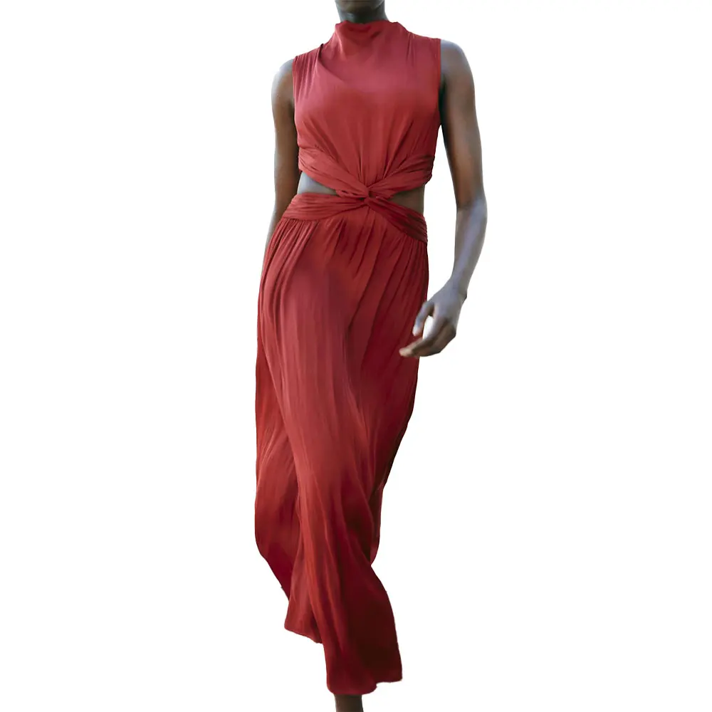 Willshela 女性ファッション赤いサテンちょう結びミディキャミソールドレスラウンドネックノースリーブ女性シックな女性カジュアル Mujer ロング Vestidos