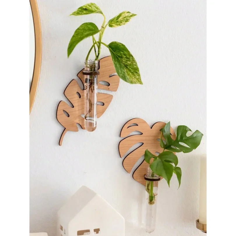 

1/2 Pcs Leaf Shape Wall Planters Wooden Wall Hanging Plant Pots with Test Tube Vase Indoor Propagation Station Home Garden Decor