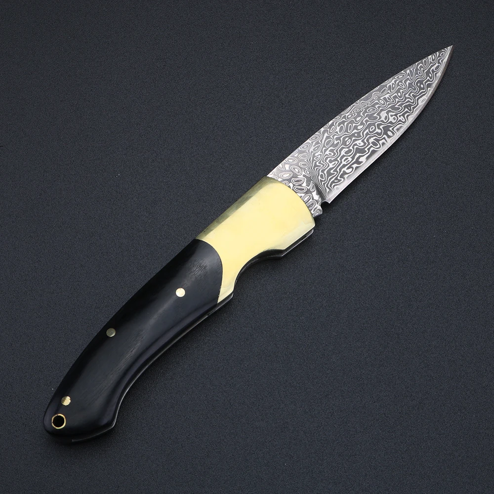Brass Colored Wood Handle Damascus VG10 Steel Knife Camping Folding Knife, Outdoor Portable Knife