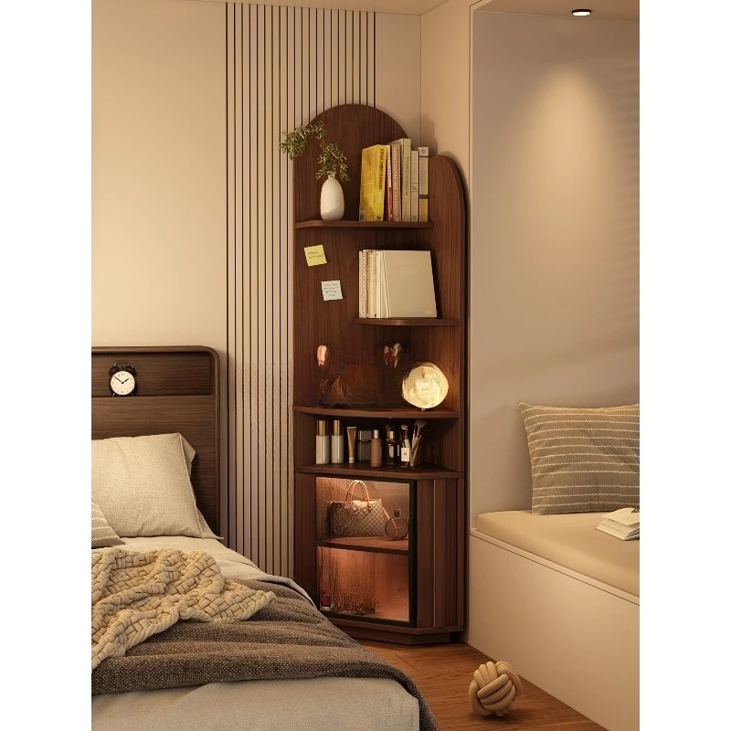 

Solid wood bedside table corner rack corner triangular cabinet integrated against the wall bedroom glass door floor