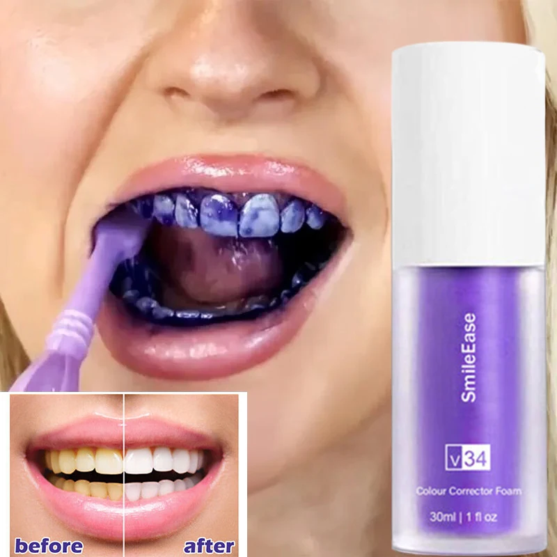 Roxo Bottom Press Creme dental, remoção de manchas, dente limpeza Mousse, refresca a respiração, clareia os dentes, V34