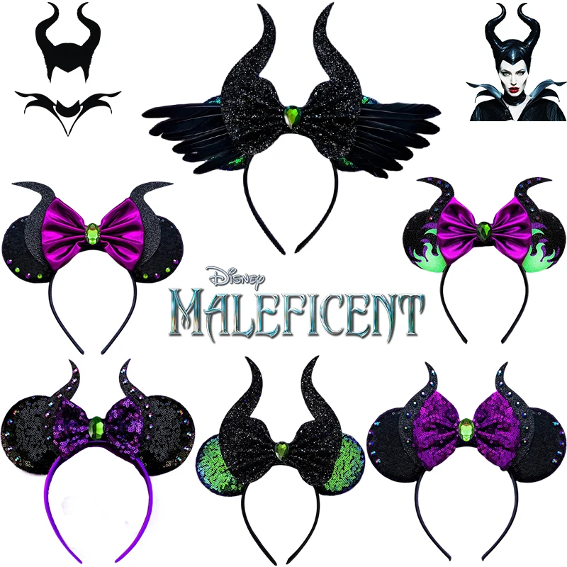 Disney Maleficent Headbands Girl Black Feather Ears Hair Accessories Women Cosplay Horns of Witch Bow Hairband for Kids Carnival