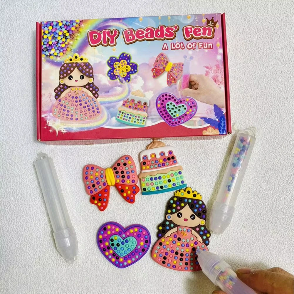 DIY Beads Pen Set for Kids, Reusable Silicone Cartoon Pattern, No Iron Handmade Art Kit, Birthday Christmas Gift for Girls