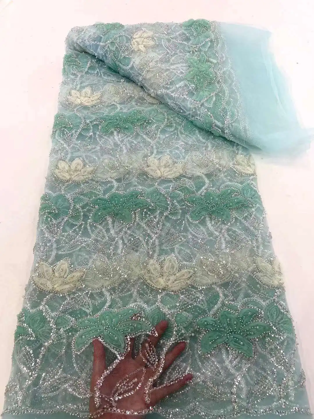 

Beads and Sequence Lace Fabric French High Quality Fantasy Exquisite Embroidery Design Tulle for Party Evening Dresses WS
