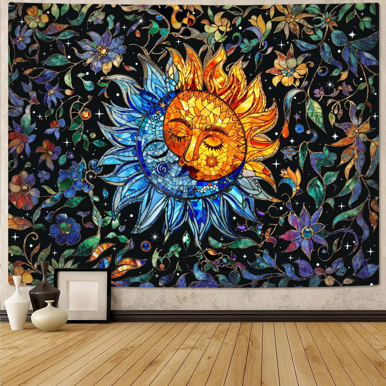 1PC Boho Sun Moon Floral Orange Blue Print Tapestry, Boho Style, Bedroom Living Room Kitchen Wall Hanging, Polyester, Wall Art
