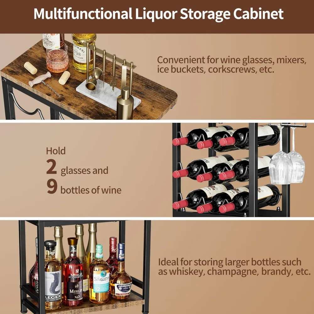 3-Tier Freestanding Wine Rack with Glass Holder, Versatile Liquor Display Stand for Home Bar in Black and Brown
