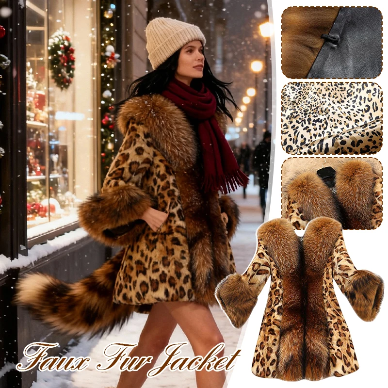 2025 nova jaqueta de pele de imitação gola de pele do falso clássico leopardo casaco de comprimento médio maré jaquetas casaco de moda de inverno para mulher