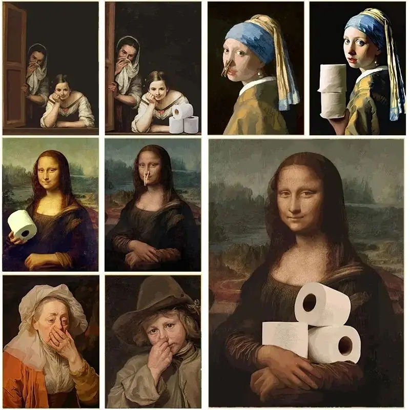 Mona Lisa mit Toilettenpapier Wandkunst-Poster Lustige Badezimmerdekoration Leinwanddruck für die Heimdekoration
