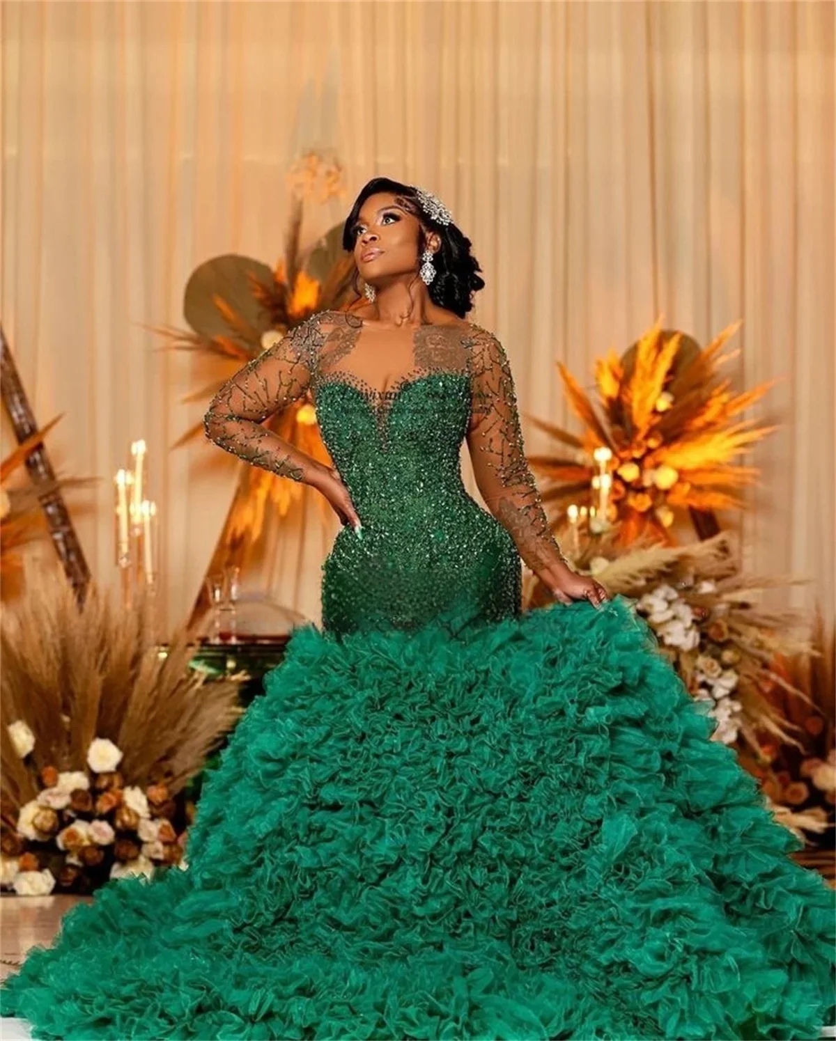 

Green Long Sleeves Prom Dress For Black Girls Ruffles Beaded Birthday Party Dresses African Evening Gown Robe De 2026Customized