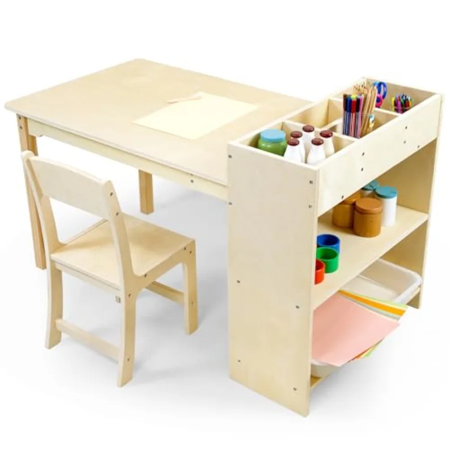 

Art Table and Chair Set Birch Wooden Activity Craft Table Drawing Table Toddler Desk with Storage and 1 Chair