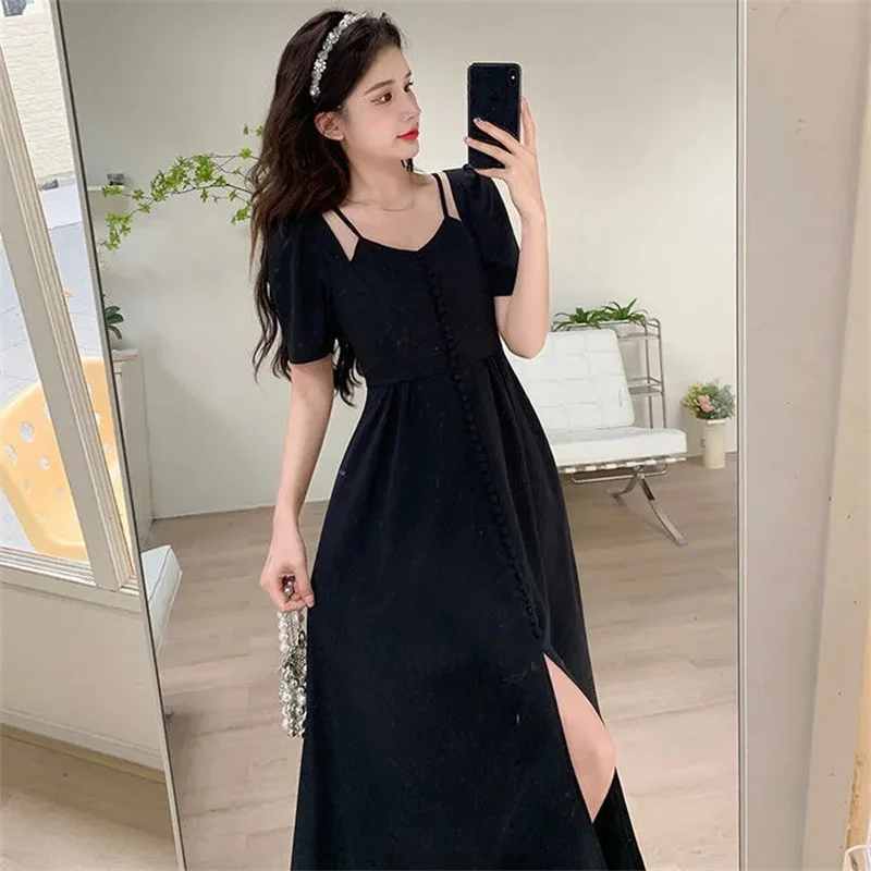 Women Single Dress A-Line Dress 2023 Summer New Fat Sister French Slim Waist Hepburn Temperament Long Dress Female Short Sleeve