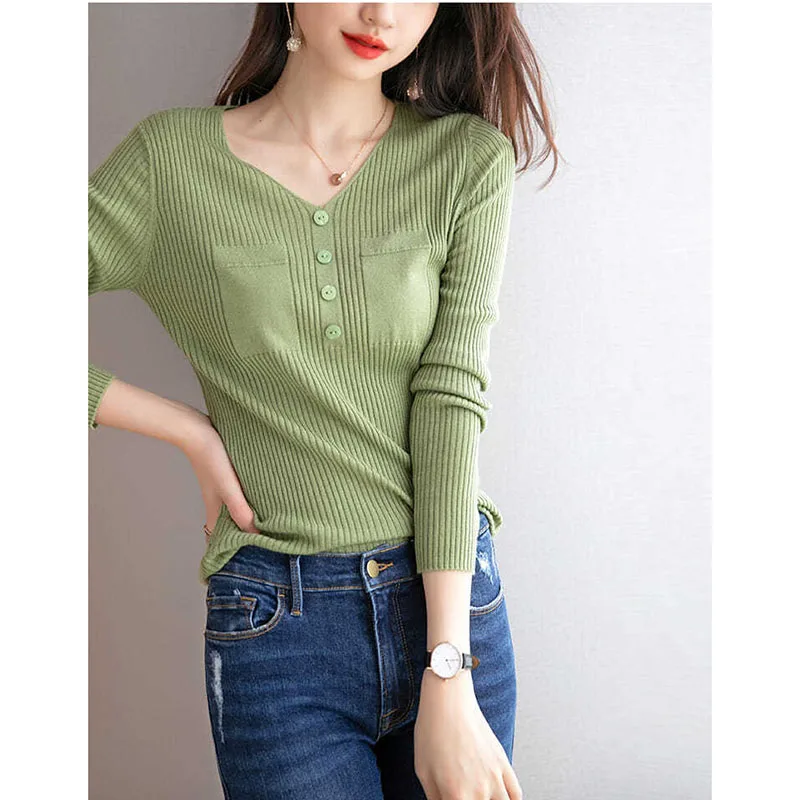 

Spring Autumn New Women's Sweater Korean Loose V-neck Long Sleeve Jumper Ladies Knitted Pullover Solid Knitting Tops Y700