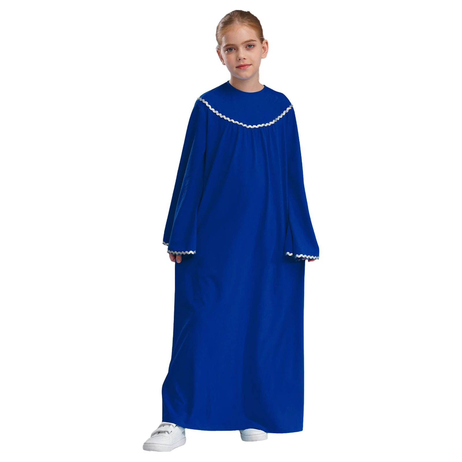 Kids Girls Choir Church Robe Costume Chorus Performance Dress Long Sleeve Wavy Trimmings Back Button Loose Priest Preacher Dress