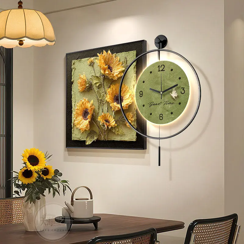 Sunflower restaurant decorative clock three-dimensional dining table background wall wall clock hanging painting