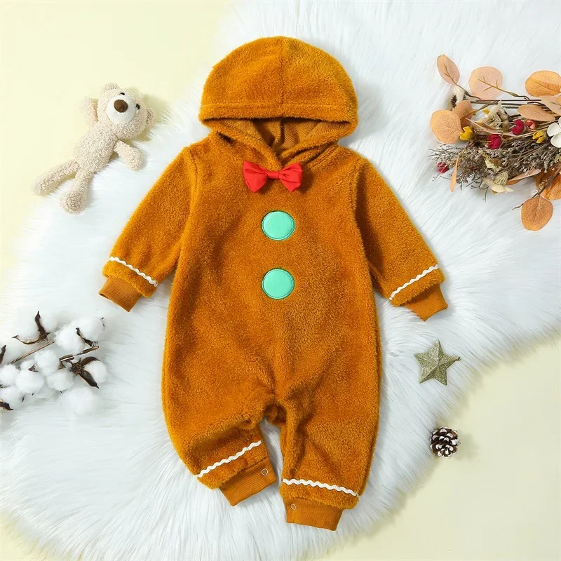 Infant Baby Christmas Fuzzy Jumpsuit Gingerbread Man Cute Hooded Romper Outfit Clothes Cosplay Costume