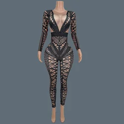 Sparkly Rhinestones Spandex Jumpsuit Sexy Stretchy Nightclub Singer Outfit Dancer Performance Costume Show Stage Wear Sanjiao