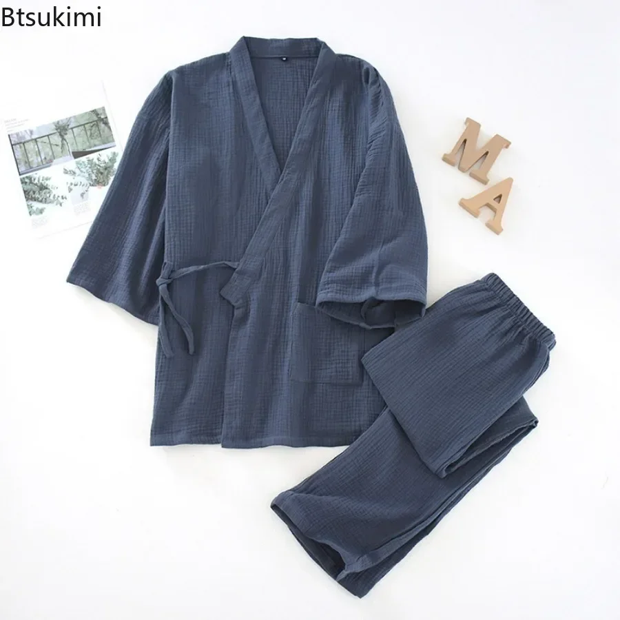 2024 Men\'s Cotton Pajamas Loose Bathrobes V-Neck Kimono Sleepwear Three Quarter Sleeve Lace-up Tops+Pants Homewear Sets for Men