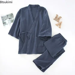 2024 Men's Cotton Pajamas Loose Bathrobes V-Neck Kimono Sleepwear Three Quarter Sleeve Lace-up Tops+Pants Homewear Sets for Men