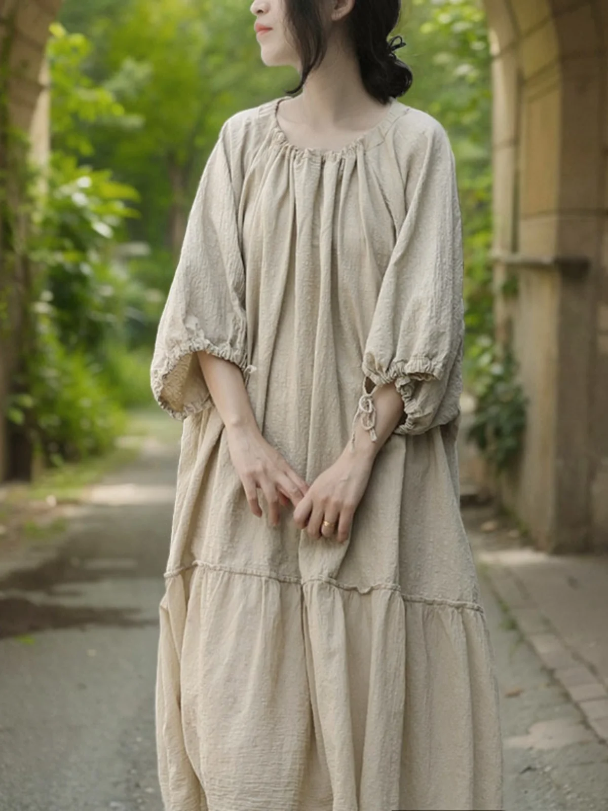 plus Size Women's Cotton Linen Patchwork Loose Slimming Spring Summer New Style Drawstring Dress Long Qipao Skirt Sleeve