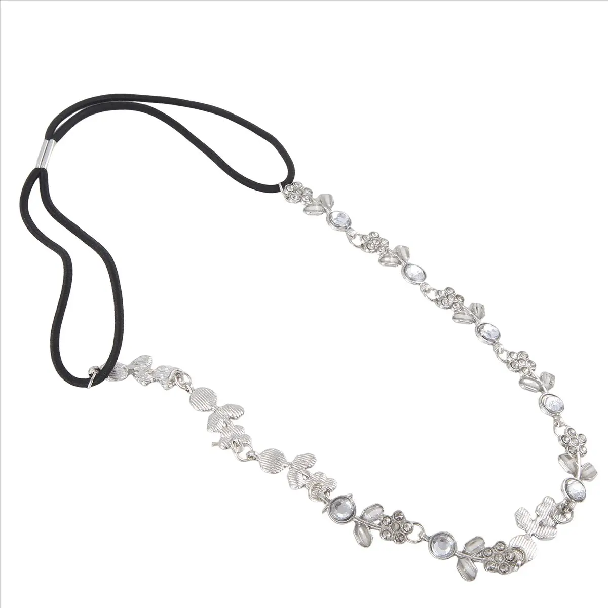 【~ New A20Z】Hair Headband Elegant Elastic Headband with Rhinestones Flowers for Women - Silver