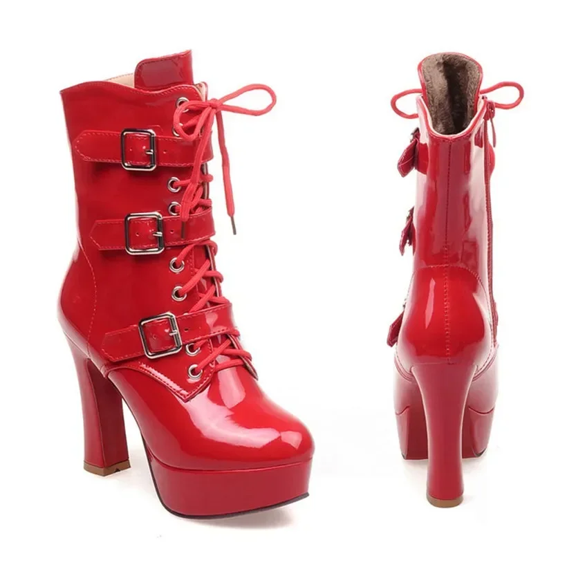 Winter Women Half Boots Platform Chunky High Heel Patent Leather Plush Buckle Lace Zipper Punk Ladies Mid Calf Motorcycle Boots