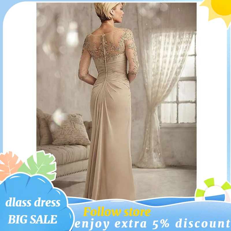 Elegante Mutter Der Braut Kleider Perlen Spitze Champagne Plus Size Prom Kleid Chiffon Halbarm Bräutigam Mutter Abendkleid