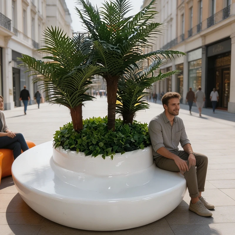 Luxury Modern Fiberglass Planter Bench Combo Modular Outdoor Curved Seating Integrated Flower Pot School Mall Hotel Public