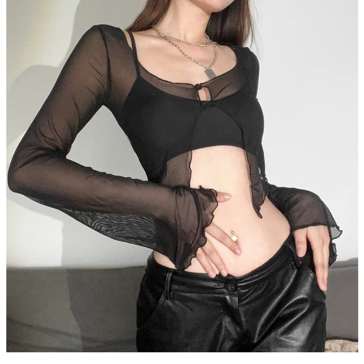 Women\'s Sexy Double Strap Mesh Top and Long Sleeve Black T-shirt Set