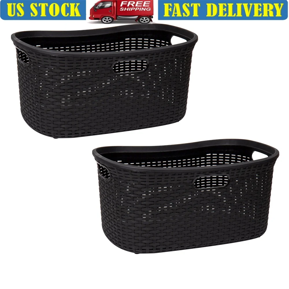

40L Versatile Plastic Laundry Basket Set of 2 Wicker Design Sturdy Hamper with Carrying Handles Ideal Organizing Clothes Toys