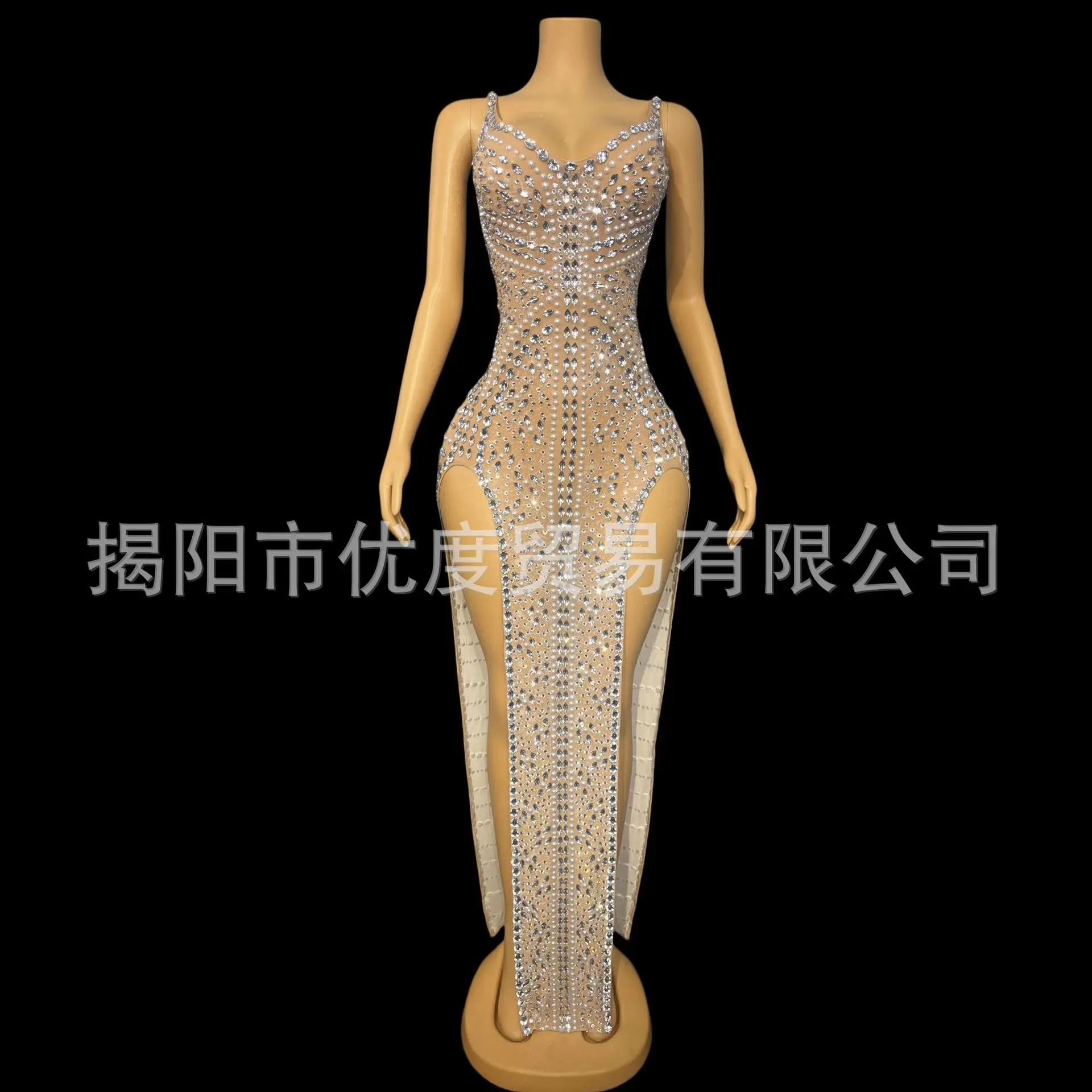 2026Sexy Double Split Silver Rhinestone Sleeveless Dress Dance Crystal Heavy Industries Dress Birthday Party Costume Double Open