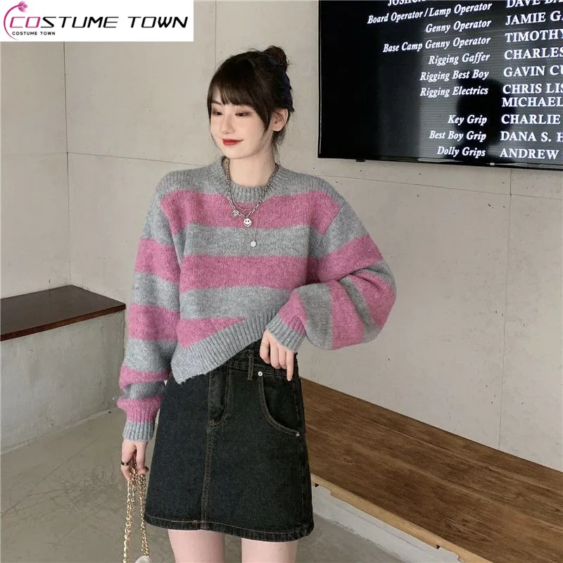 

Short Sweater Women's Autumn and Winter 2023 New Irregular Loose Slim Contrast Stripe Knitted Shirt Long Sleeve Top