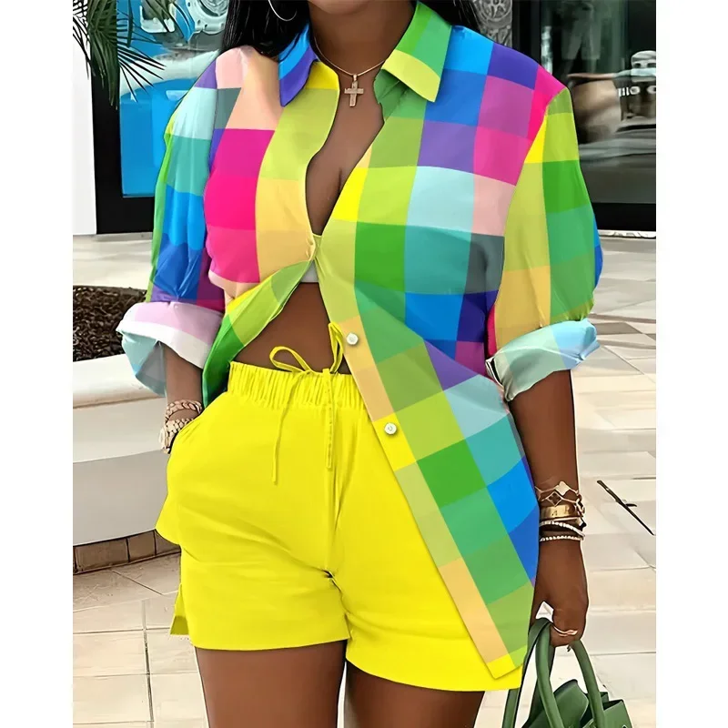 Ensemble deux pièces imprimé à rayures colorées pour femmes, tenue d\'été décontractée, chemise boutonnée à manches longues, short, mode