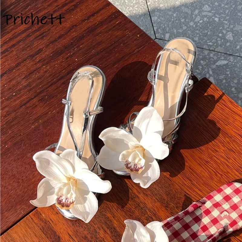 White Orchid Narrow Band Sandals Silvery Round Toe Thin Heels Buckle Strap Sandals Women's Summer Slingback Lovely Party Shoes