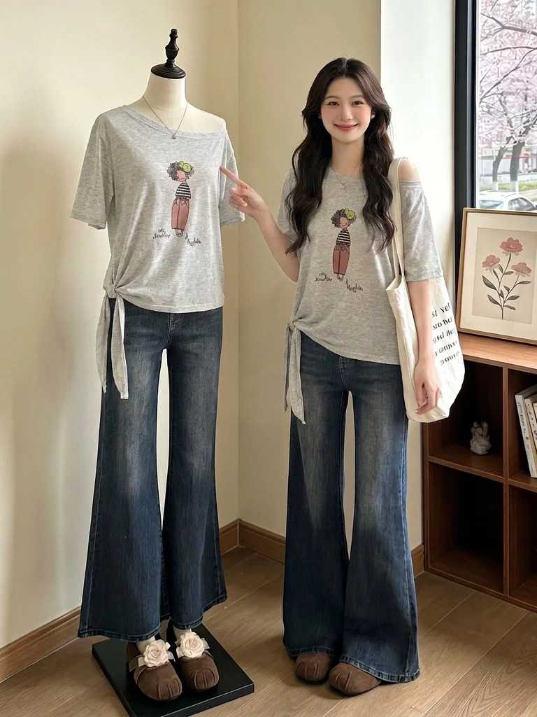 Slimming Effect Women's T-Shirt Shoulder Bared Design Summer New Style plus Size Belted Waist Control Short Sleeve Top