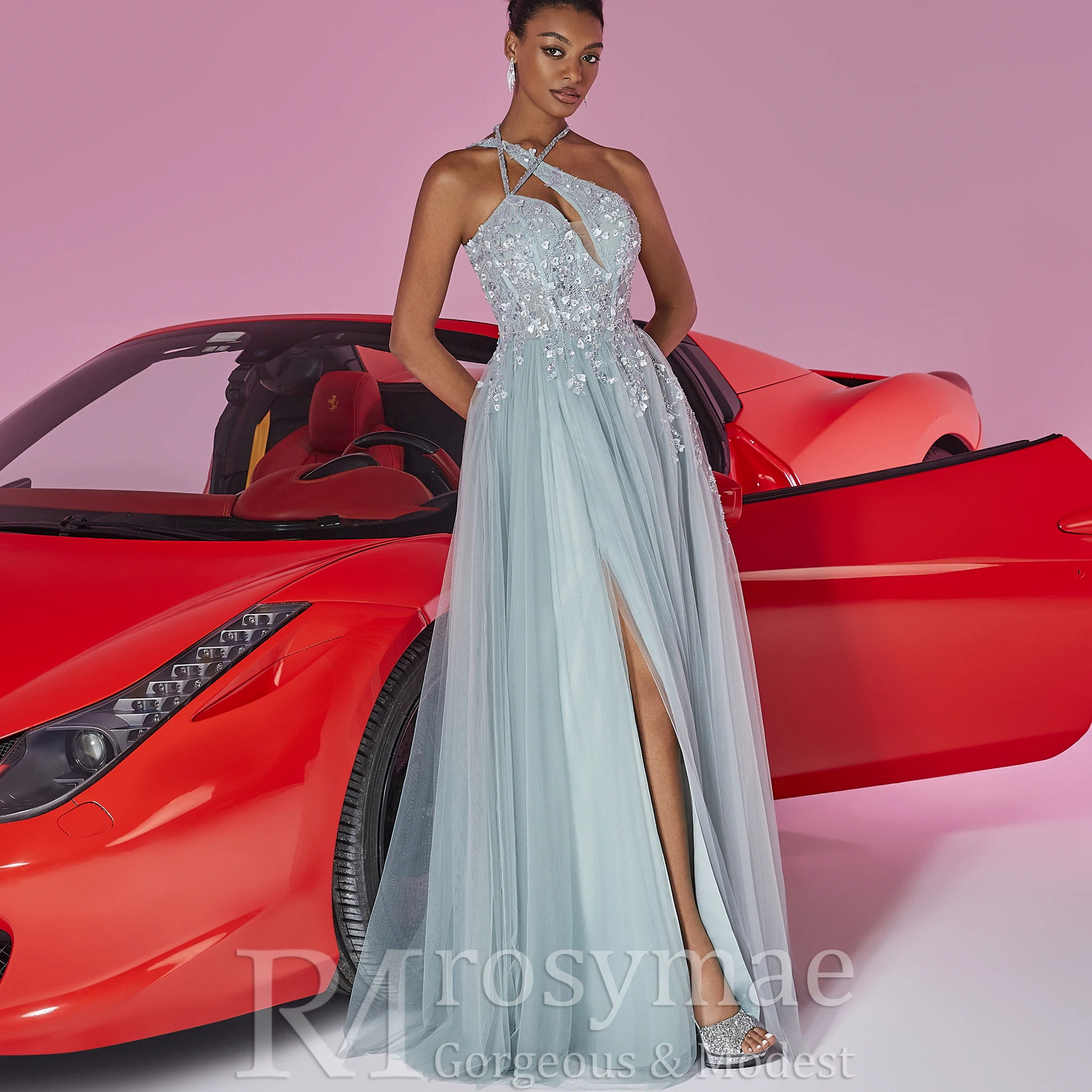 Rosymae elegante columna hendidura vestido Formal muslo dividido vestido de fiesta de noche elegante figura favorecedora para eventos de noche de gala de graduación