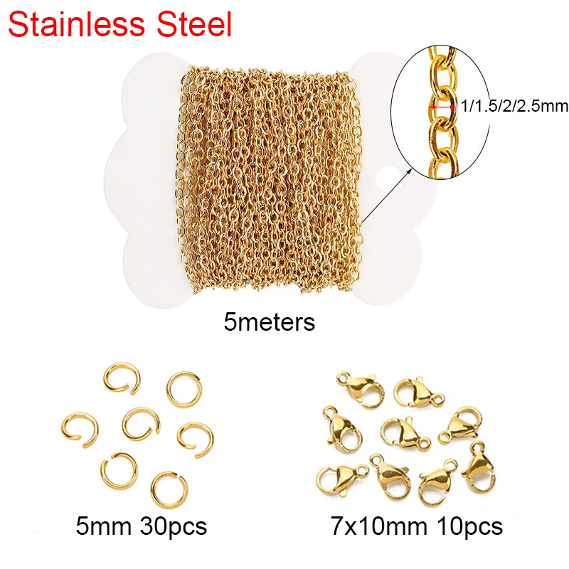 5meters 1 1.5 2 2.5 mm Stainless Steel Link Chains Bulk Lobster Clasps Jump Rings Lot for Diy Necklace Bracelet Jewelry Making