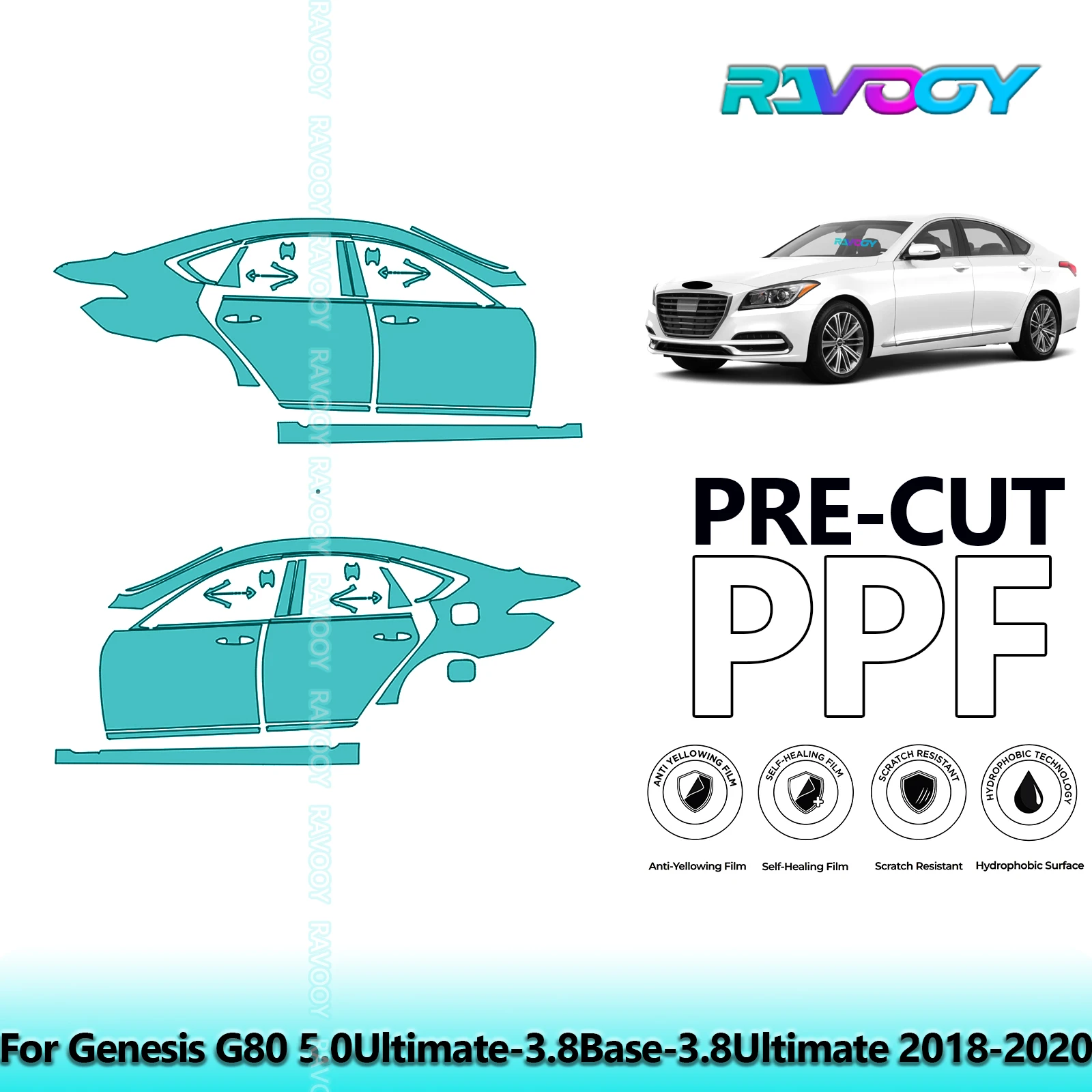 

For Genesis G80 5.0Ultimate-3.8Base-3.8Ultimate 2018-2020 8.5mil Pre-Cut PPF Door & A/B Pillar Kit TPU Paint Protection Film Set