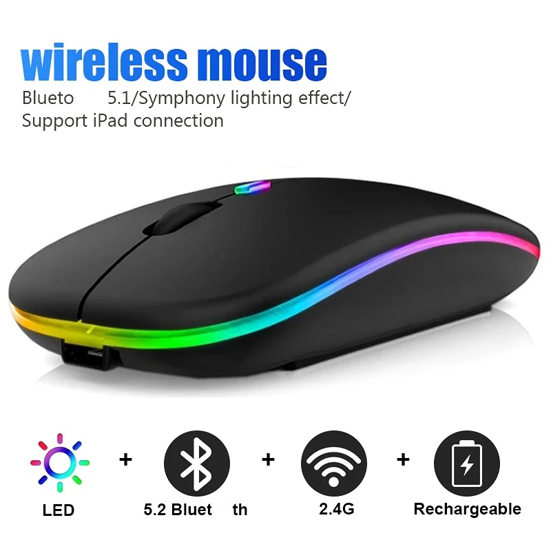 Rato sem fio recarregável bluetooth-compatível com 2.4ghz usb rgb backlight ratos ergonômico recarregável usb mouse gamer