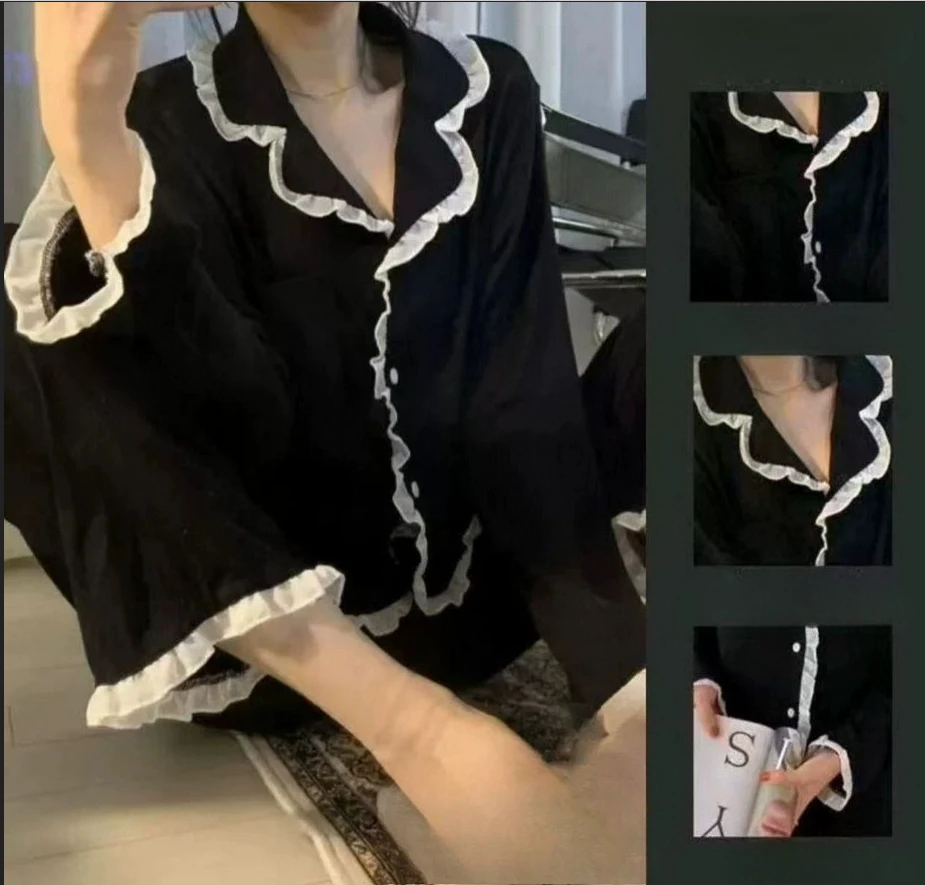 

2Pcs/set Women's Nightwear Pajamas Sexy Lace Long Sleeve Long Pants Homewear Autumn Winter Cardigan Girls Clothes Womens Pajamas