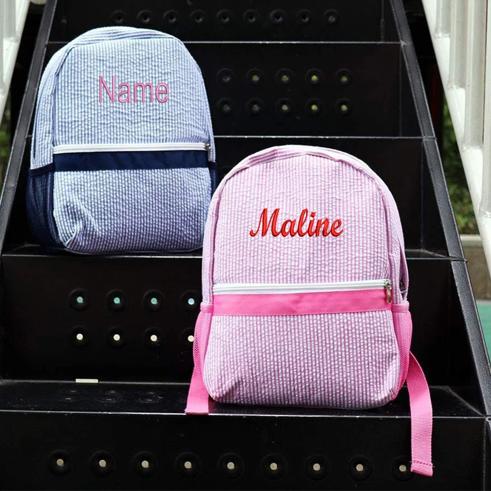New Seersucker Backpack with Kids\'s Name Custom Monogrammed Baby Book Bag Personalized Your Name Seersucker Backpacks