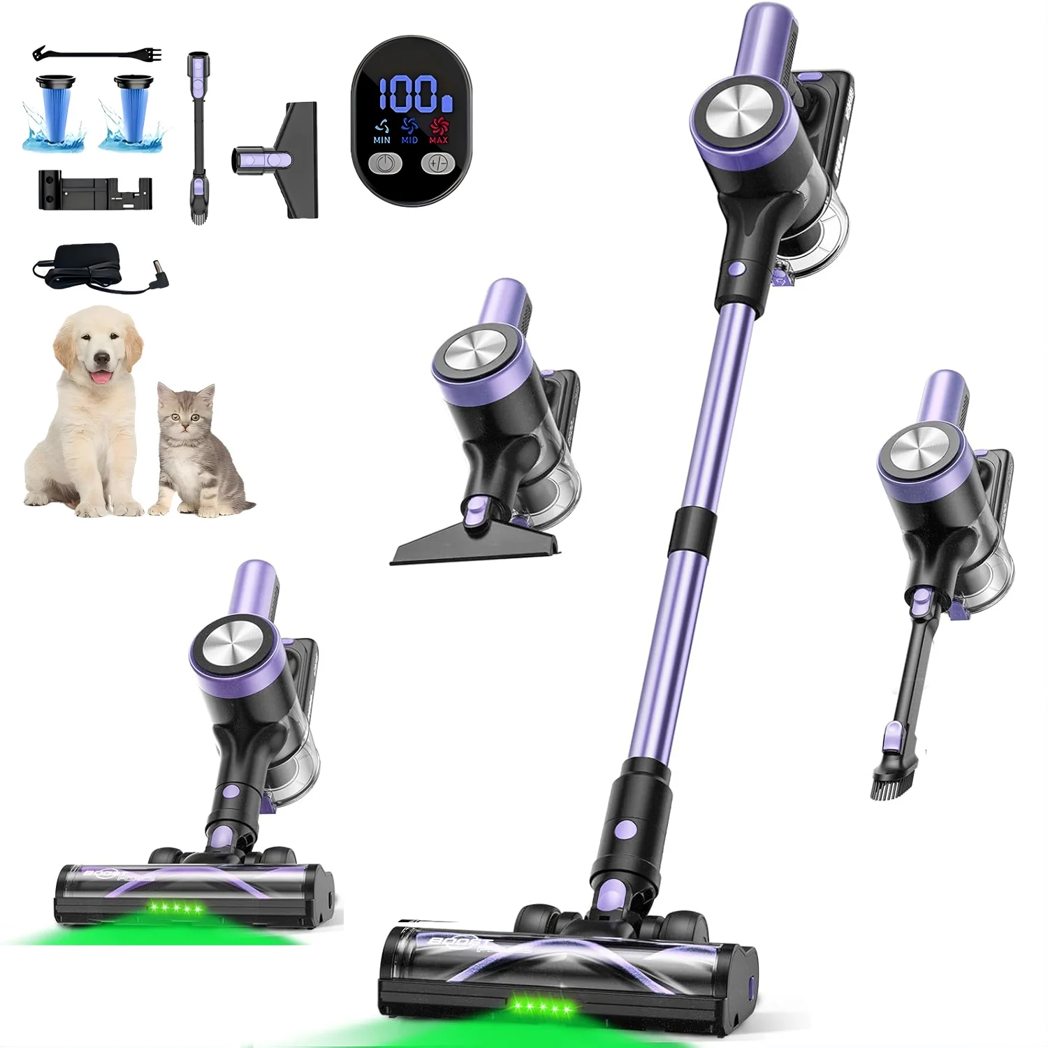 Aspirapolvere senza fili, potente aspirazione da 500 W e 55 kPa, modello a bastone con autonomia di 60 minuti, design autorecettivo e display LED intelligente, ideale per la pulizia di peli di animali