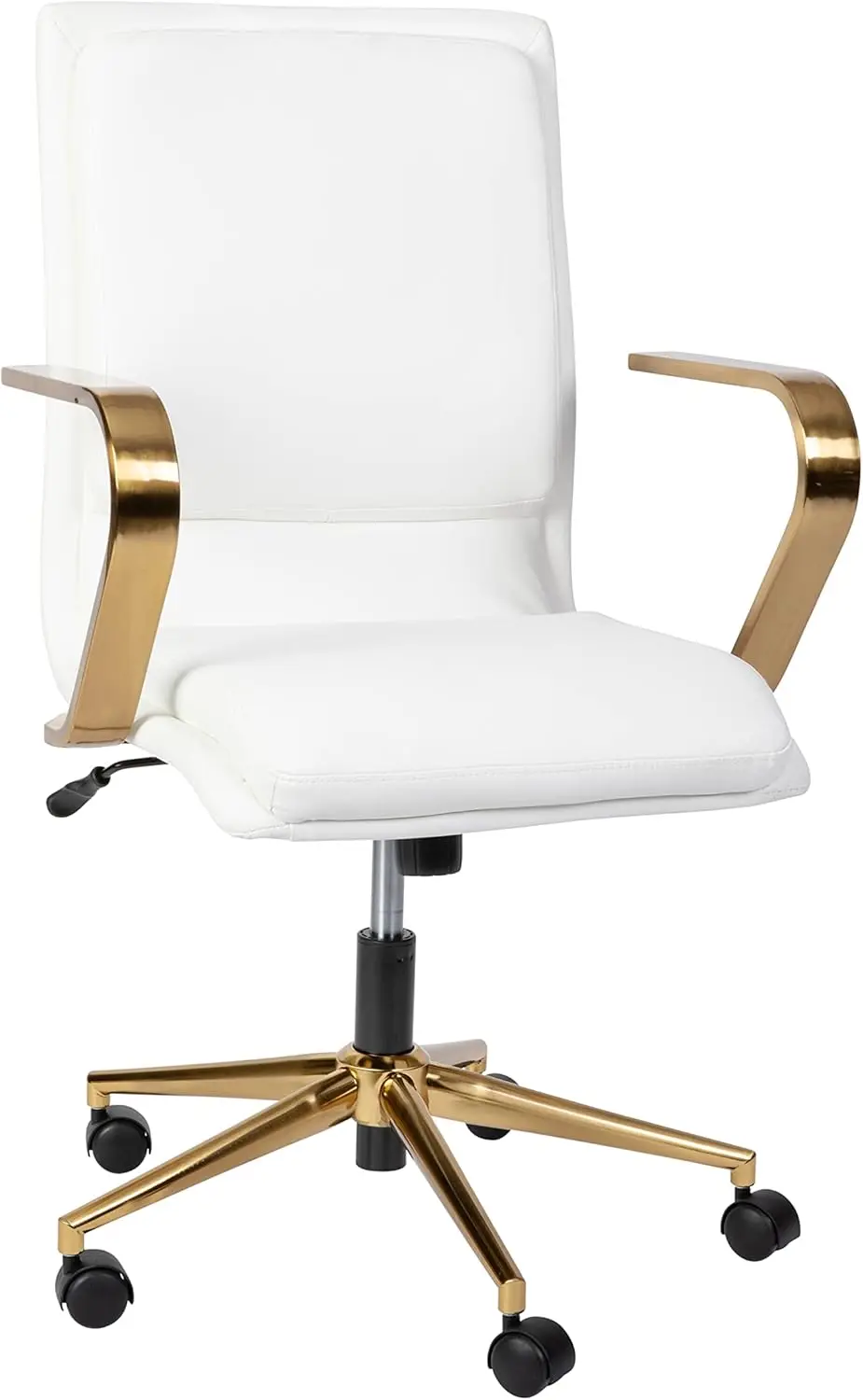 Flash Furniture James Mid-Back Designer Executive Office Chair - White Leathersoft Upholstery - Brushed Gold Base And Arms -