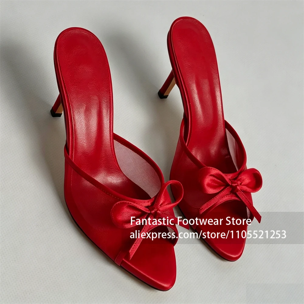 

Sheer Mesh Bow Decor Mules Elegant Style Peep Toe Summer Heels Designer Style Customizable Handmade Slippers for Women Black Red