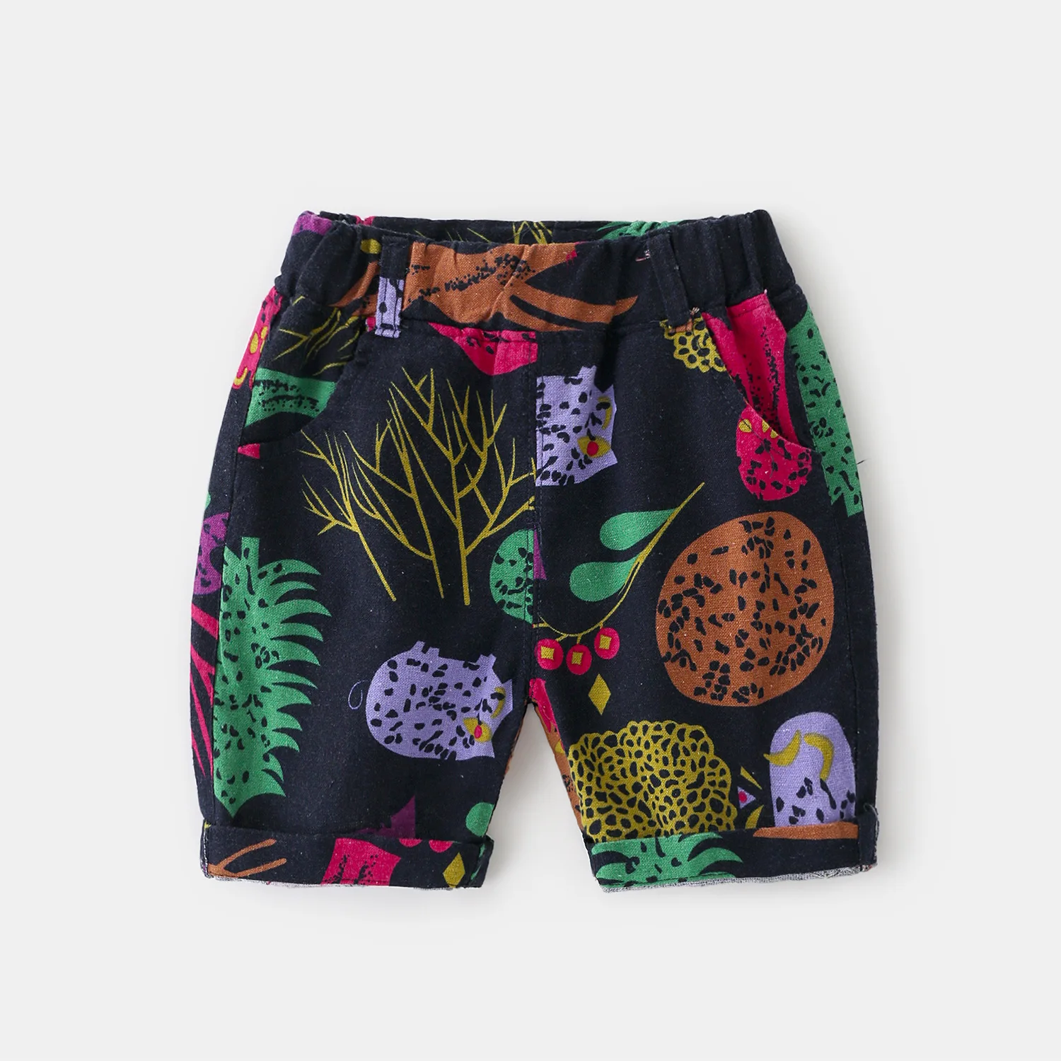 Summer Cool Mid-Waist Abstract Print Shorts Boys' Elastic Waist Cartoon Fun Capri Pants, Kids Knee-length Trousers Ages 3-8