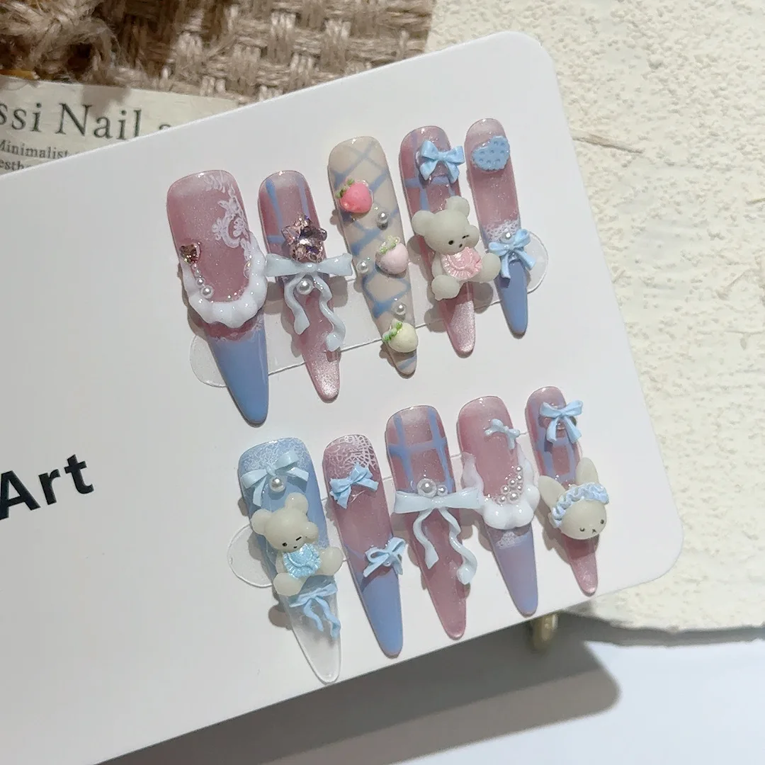 

10pcs Pudding Little Bear Press On Nails Handmade Cute Blue French Style Bowknots Sweet Fake Nails Pink Cat's Eye False Nail